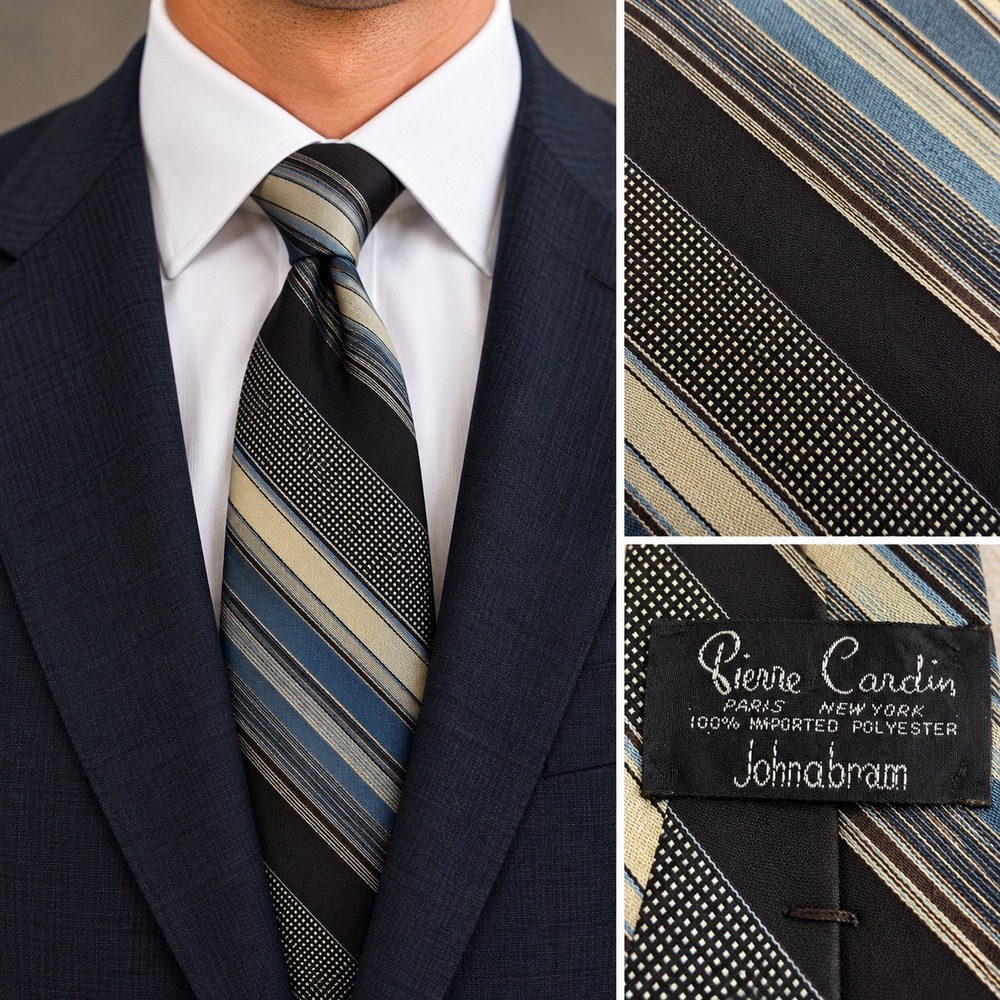 Pierre Cardin Mens Striped Dot Pattern Necktie Black Blue Tan Polyester Tie